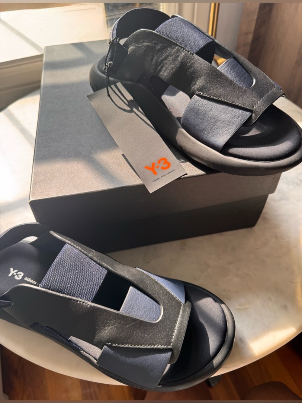Y-3 Black & Navy Leather-Strap Sport Sandals